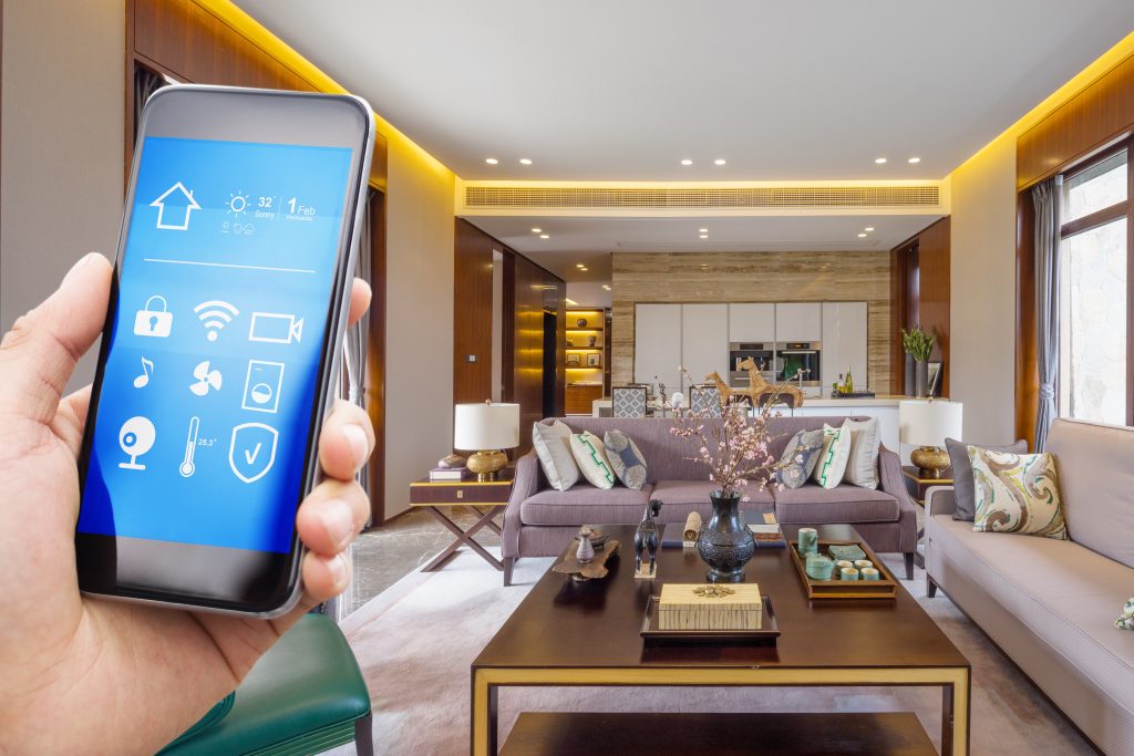 Smart phone with smart home with modern living room