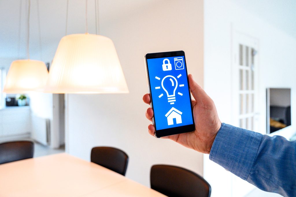 App on mobile phone controls light from lamps in smart home