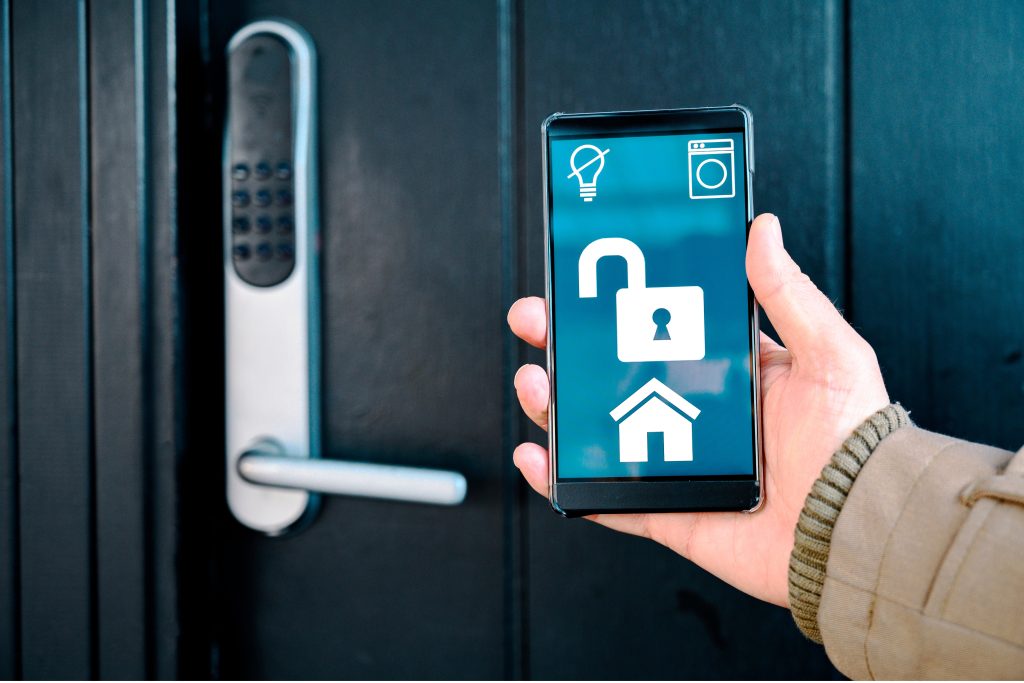 Opening front door lock with smart home app on mobile phone